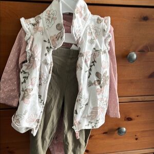 Floral Vest with Pink Top and Olive Pants Set